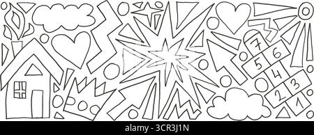 Ensemble de crayons dessinés au crayon pour enfants Scribble Elements. Maison simple mignonne, jeu de houblon, couronne et nuages doodle formes sur fond blanc. Cha naïve maternelle Illustration de Vecteur