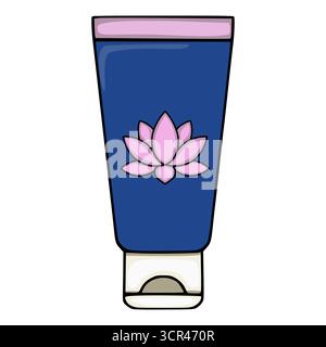 Illustration vectorielle stylisée d'un tube de crème cosmétique avec un emblème de fleur de lotus rose et un bouchon flip-top. Illustration de Vecteur