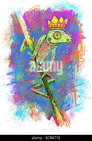 Illustration colorée d'un caméléon couronné perché sur une branche avec des éclaboussures vibrantes. Banque D'Images