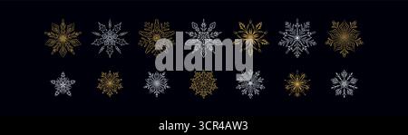 Ensemble de flocons de neige d'or et d'argent esthétiques de luxe. Flocons de neige en filigrane victorien dessinés à la main. Joyeux Noël et joyeux ornement festif du nouvel an Illustration de Vecteur