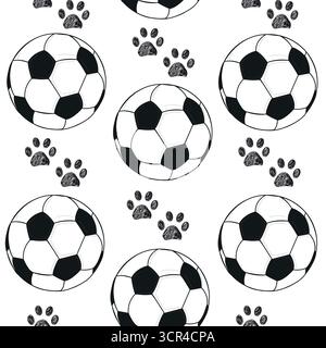 Motifs sur tissu sans coutures imprimés football et pattes Illustration de Vecteur