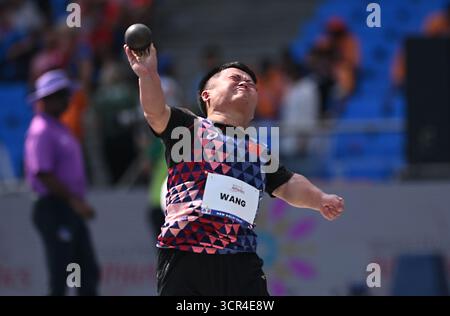 New Delhi, Inde. 29 septembre 2025. Wang Wei, de Chine, participe à la finale de F40 au Championnat du monde de para-athlétisme 2025 à New Delhi, Inde, le 29 septembre 2025. Crédit : Javede Dar/Xinhua/Alamy Live News Banque D'Images