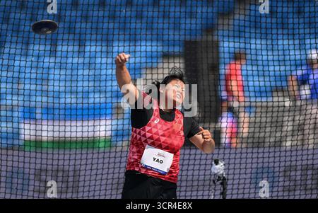 New Delhi, Inde. 29 septembre 2025. Yao Juan de Chine participe à la finale féminine de lancer de disque F44 aux Championnats du monde de para-athlétisme 2025 à New Delhi, Inde, le 29 septembre 2025. Crédit : Javede Dar/Xinhua/Alamy Live News Banque D'Images