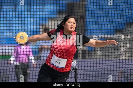 New Delhi, Inde. 29 septembre 2025. Yao Juan de Chine participe à la finale féminine de lancer de disque F44 aux Championnats du monde de para-athlétisme 2025 à New Delhi, Inde, le 29 septembre 2025. Crédit : Javede Dar/Xinhua/Alamy Live News Banque D'Images