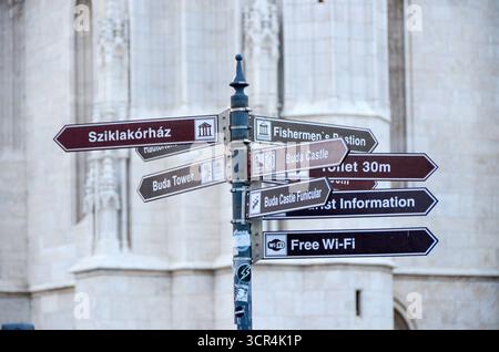 Panneau de rue avec des informations touristiques et la direction du château de Buda, Bastion des pêcheurs, et d'autres monuments à Budapest, Hongrie. Banque D'Images