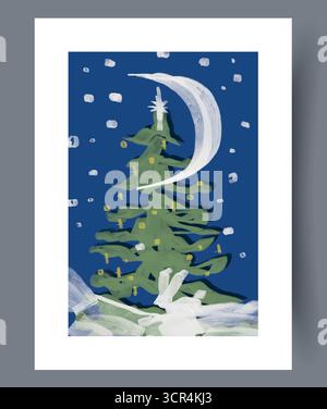 Une scène hivernale confortable avec un magnifique arbre de Noël et une Lune lumineuse dans le ciel Illustration de Vecteur