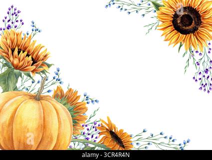 Aquarelle orange vif citrouille, tournesols et cadres de fleurs sauvages sur fond isolé. Récolte d'automne et bordure de fleurs. Banque D'Images