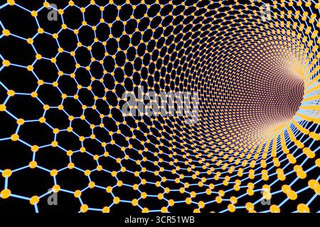 Filaire à mailles bleues connectées dans un motif hexagonal aux jonctions formant un tunnel sur un fond noir. Fond pour scientifique et physique Banque D'Images