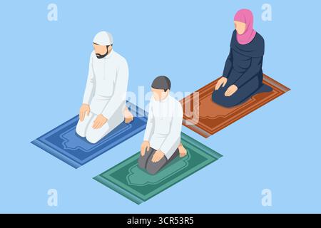 Illustration isométrique d'un homme, d'un garçon et d'une femme musulmans en vêtements traditionnels priant sur tapis. Culte islamique, religion et culture concept. Illustration de Vecteur