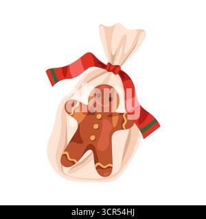 Icône pain d'épices. Vecteur nouvel an ou biscuit de Noël en forme d'homme. Confiserie de bande dessinée plate pour les vacances d'hiver ou dessert festif. Boulangerie et pâtisserie avec ruban, gâterie de Noël et sucré avec arc. Illustration de Vecteur