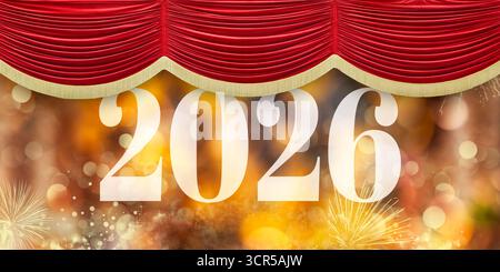 Salutation du nouvel an 2026 avec un rideau rouge tombant sur un fond doré avec des feux d'artifice Banque D'Images