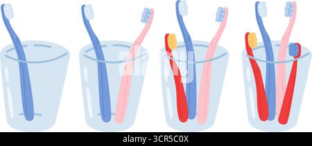 Brosse à dents en verre. Brosses pour brosser les dents pour toute la famille ou le couple. Dentifrice blanchissant. Brosse pour le nettoyage des dents. Hygiène buccale. Routine quotidienne. Illustration de Vecteur