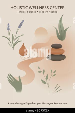 Affiche holistique du centre de bien-être avec des éléments de guérison naturels pour l'équilibre et la détente Illustration de Vecteur