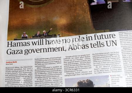 "Le Hamas n'aura aucun rôle dans le futur gouvernement de Gaza, dit Abbas à l'ONU" Banque D'Images