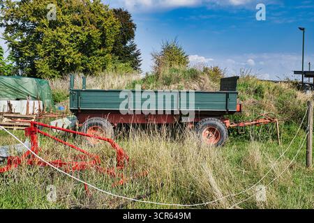Vieille remorque agricole dans un champ d'herbe haute sous le ciel bleu d'été Banque D'Images