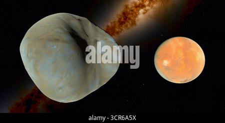 Deimos est la plus petite, à l'extérieur des deux lunes de mars, mesurant environ 15 km de large et prenant environ 30 heures pour orbiter autour de la planète. Banque D'Images