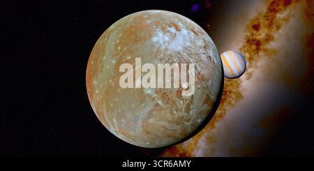 Ganymède est la plus grande lune de Jupiter, et la plus grande lune de tout le système solaire, encore plus grande que la planète Mercure. Banque D'Images