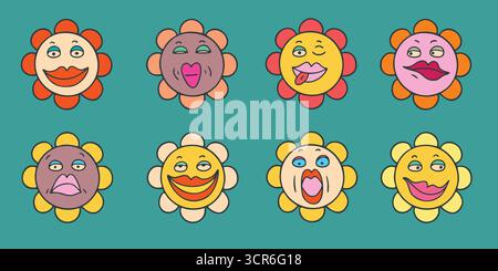 Groovy Daisies avec des visages drôles sur fond sarcelle Illustration de Vecteur