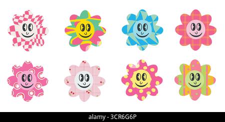 Marguerites Groovy à motifs avec des visages de dessin animé mignons Illustration de Vecteur