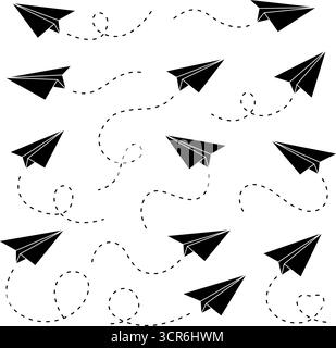 Avions en papier silhouette noire avec des trajectoires de vol en pointillés. Motif vectoriel minimal de mouvement et de direction Illustration de Vecteur