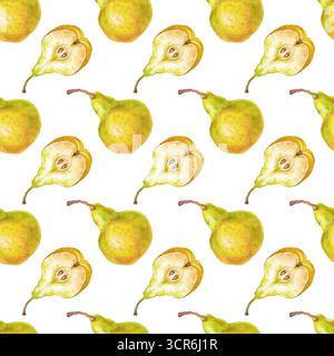 Motif aquarelle sans couture avec des poires jaunes sur un fond blanc. Poires entières et moitiés sont un fond botanique sans couture avec entier juteux Banque D'Images