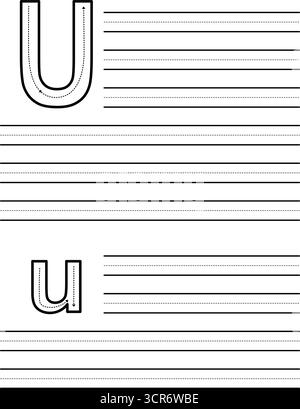 Feuille de traçage pour apprendre à écrire la lettre majuscule et minuscule U. feuille de travail pour les étudiants pratiquant l'alphabet. Coussin d'exercice avec lignes de guidage pointillées Illustration de Vecteur