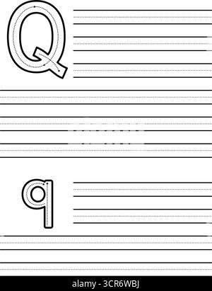 Feuille de traçage pour apprendre à écrire la lettre majuscule et minuscule Q. feuille de travail pour les étudiants pratiquant l'alphabet. Coussin d'exercice avec lignes de guidage pointillées Illustration de Vecteur