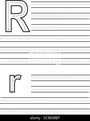 Feuille de traçage pour apprendre à écrire la lettre R. majuscule et minuscule feuille de travail pour les étudiants pratiquant l'alphabet. Coussin d'exercice avec lignes de guidage pointillées Illustration de Vecteur