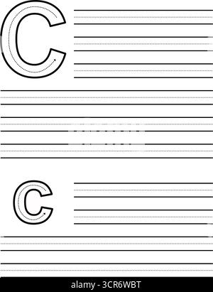 Feuille de traçage pour apprendre à écrire la lettre majuscule et minuscule C. feuille de travail pour les étudiants pratiquant l'alphabet. Coussin d'exercice avec lignes de guidage pointillées Illustration de Vecteur