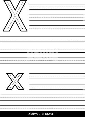 Feuille de traçage pour apprendre à écrire la lettre majuscule et minuscule X. feuille de travail pour les élèves pratiquant l'alphabet. Coussin d'exercice avec lignes de guidage pointillées Illustration de Vecteur