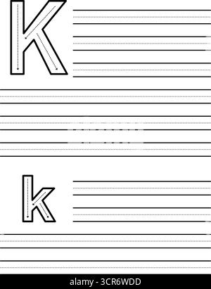 Feuille de traçage pour apprendre à écrire la lettre majuscule et minuscule K. feuille de travail pour les étudiants pratiquant l'alphabet. Coussin d'exercice avec lignes de guidage pointillées Illustration de Vecteur