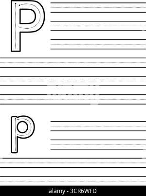 Feuille de traçage pour apprendre à écrire la lettre majuscule et minuscule P. feuille de travail pour les étudiants pratiquant l'alphabet. Coussin d'exercice avec lignes de guidage pointillées Illustration de Vecteur