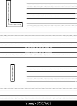 Feuille de traçage pour apprendre à écrire la lettre majuscule et minuscule L. feuille de travail pour les étudiants pratiquant l'alphabet. Coussin d'exercice avec lignes de guidage pointillées Illustration de Vecteur