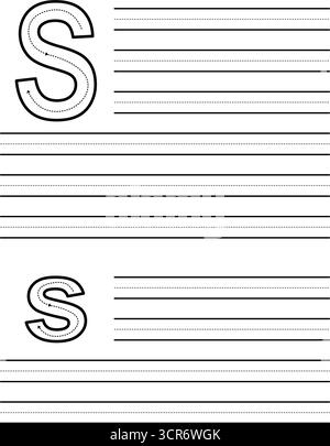 Feuille de traçage pour apprendre à écrire majuscules et minuscules S. feuille de travail pour les étudiants pratiquant l'alphabet. Coussin d'exercice avec lignes de guidage pointillées Illustration de Vecteur