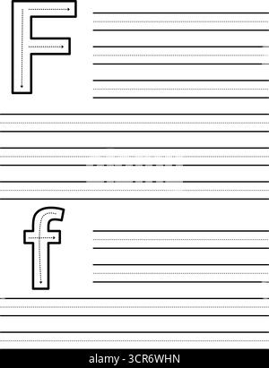 Feuille de traçage pour apprendre à écrire la lettre majuscule et minuscule F. feuille de travail pour les étudiants pratiquant l'alphabet. Coussin d'exercice avec lignes de guidage pointillées Illustration de Vecteur