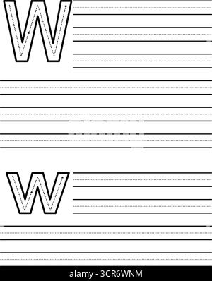 Feuille de traçage pour apprendre à écrire la lettre majuscule et minuscule W. feuille de travail pour les étudiants pratiquant l'alphabet. Coussin d'exercice avec lignes de guidage pointillées Illustration de Vecteur