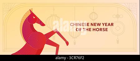 Cheval zodiaque chinois 2026 illustration horizontale. Fond géométrique rouge et doré avec lanternes et motifs festifs. Carte de nouvel an lunaire moderne, pos Illustration de Vecteur
