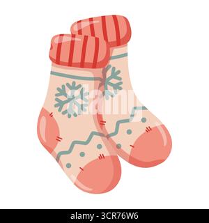 Chaussettes de Noël de dessin animé mignonnes avec décoration de flocon de neige. Illustration isolée vectorielle dessinée à la main. Illustration de Vecteur