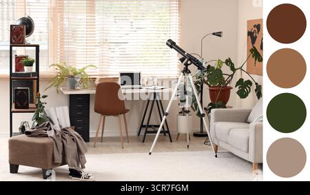 Intérieur de la chambre de l'adolescent avec lieu de travail, plantes et télescope. Différents motifs de couleur Banque D'Images