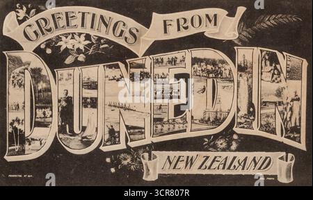 Salutations de Dunedin, Nouvelle-Zélande” c1905 carte postale. Banque D'Images