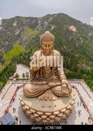 Une grande statue de Bouddha assis sur une fleur de lotus dans la zone touristique de Nanshan Mountain dans la ville de Longkou dans la montagne de Lushan dans la province de Shandong Chine. Captur Banque D'Images