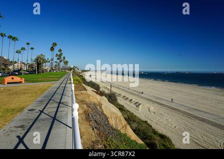 Vue panoramique sur une promenade ensoleillée bordée de palmiers en Californie, surplombant une large plage de sable et l'océan calme sous un ciel bleu clair Banque D'Images