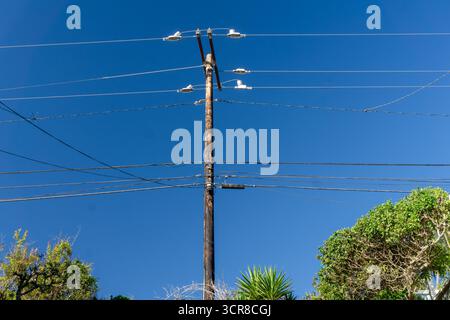 Poteau UUtility avec lignes électriques croisées silhouetté contre un ciel bleu vif de Californie une infrastructure minimaliste et un concepttil d'utilité urbaine Banque D'Images