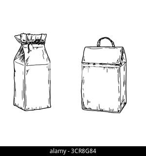 Boîtes en carton, croquis. Illustration vectorielle. L'emballage pour jus, lait et produits en vrac est isolé sur fond blanc. Concept de cuisine, cuisine Illustration de Vecteur