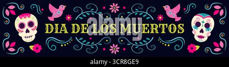 Bannière vectorielle horizontale traditionnelle de la Journée mexicaine des morts avec des crânes décoratifs. Convient pour les en-têtes de site Web. Illustration de Vecteur