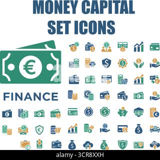 Ensemble d'icônes de capital d'argent : Banque, échange de devises, épargne et symboles de cashback - vecteur d'actions Illustration de Vecteur