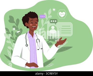 Médecin femme à la peau foncée dans une blouse de laboratoire blanche avec un stéthoscope, faisant des gestes vers des icônes médicales numériques. Convient pour les soins de santé, la télémédecine et Illustration de Vecteur