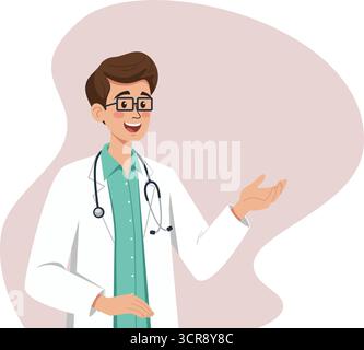 Illustration d'un médecin masculin souriant portant un manteau blanc et un stéthoscope, faisant des gestes d'une main comme s'il expliquait ou donnait des conseils. Idéal pour la guérison Illustration de Vecteur