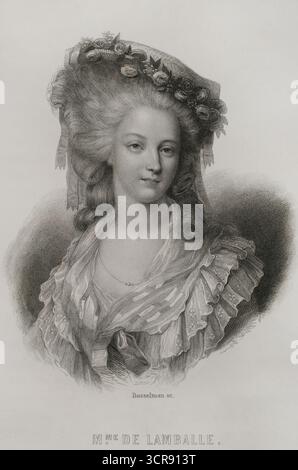 Marie-Thérèse-Louise de Savoie (1749-1792). Princesse de Lamballe. Aristocrate français. Ami personnel et confident de la reine Marie Antoinette. Elle a été tuée lors des massacres de septembre 1792. Portrait. Gravure de Bosselman. Histoire de la Révolution française, par M.A. Thiers. Volume II. Paris, Furne et Cie, 1845. Banque D'Images