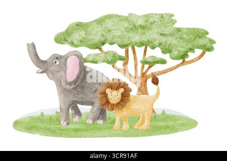 Éléphant d'Afrique et lion près de savane acacia arbre sur herbe verte illustration aquarelle de pelouse isolé sur blanc. Kenya paysage animaux clip art Banque D'Images